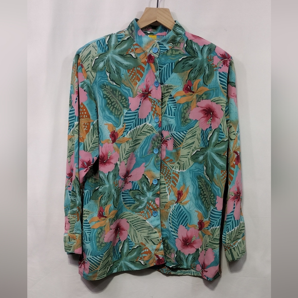 Sea Suns Made in U.S.A. Floral Button Shirt Womens XL Green Pink Tropical Retro